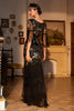 Afbeelding in Gallery-weergave laden, Schede V hals zwarte pailletten lange jaren 1920 flapper jurk met franjes
