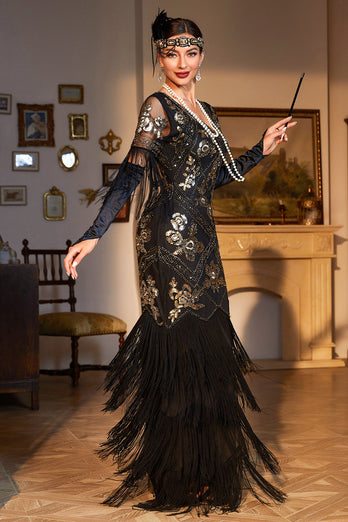Schede V hals zwarte pailletten lange jaren 1920 flapper jurk met franjes