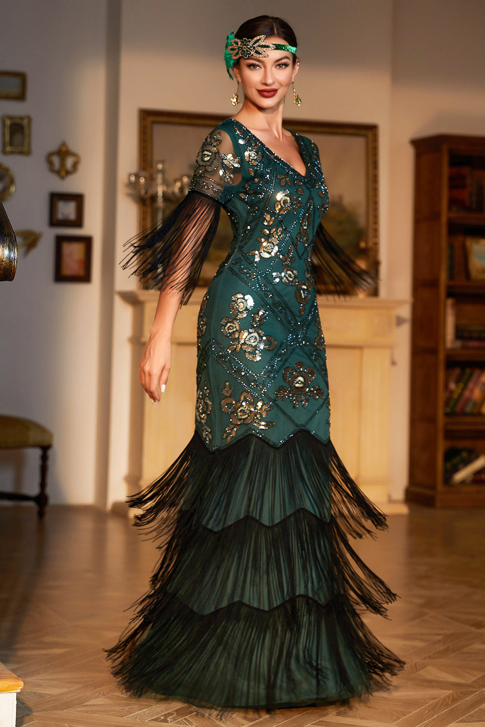 Vrouwen Zwart en Gouden Pailletten Fringes 1920s Gatsby Flapper Jurk met 20s Accessoires Set – NL Vrouwen Zwart en Gouden Pailletten Fringes 1920s Gatsby Flapper Jurk met 20s Accessoires Set – NL