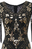 Afbeelding in Gallery-weergave laden, V-hals zwarte lange jaren 1920 flapper jurk met pailletten en franjes
