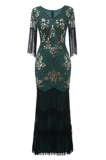 V-hals zwarte lange jaren 1920 flapper jurk met pailletten en franjes