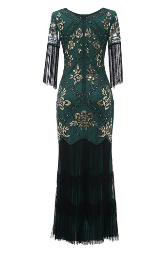 V-hals zwarte lange jaren 1920 flapper jurk met pailletten en franjes