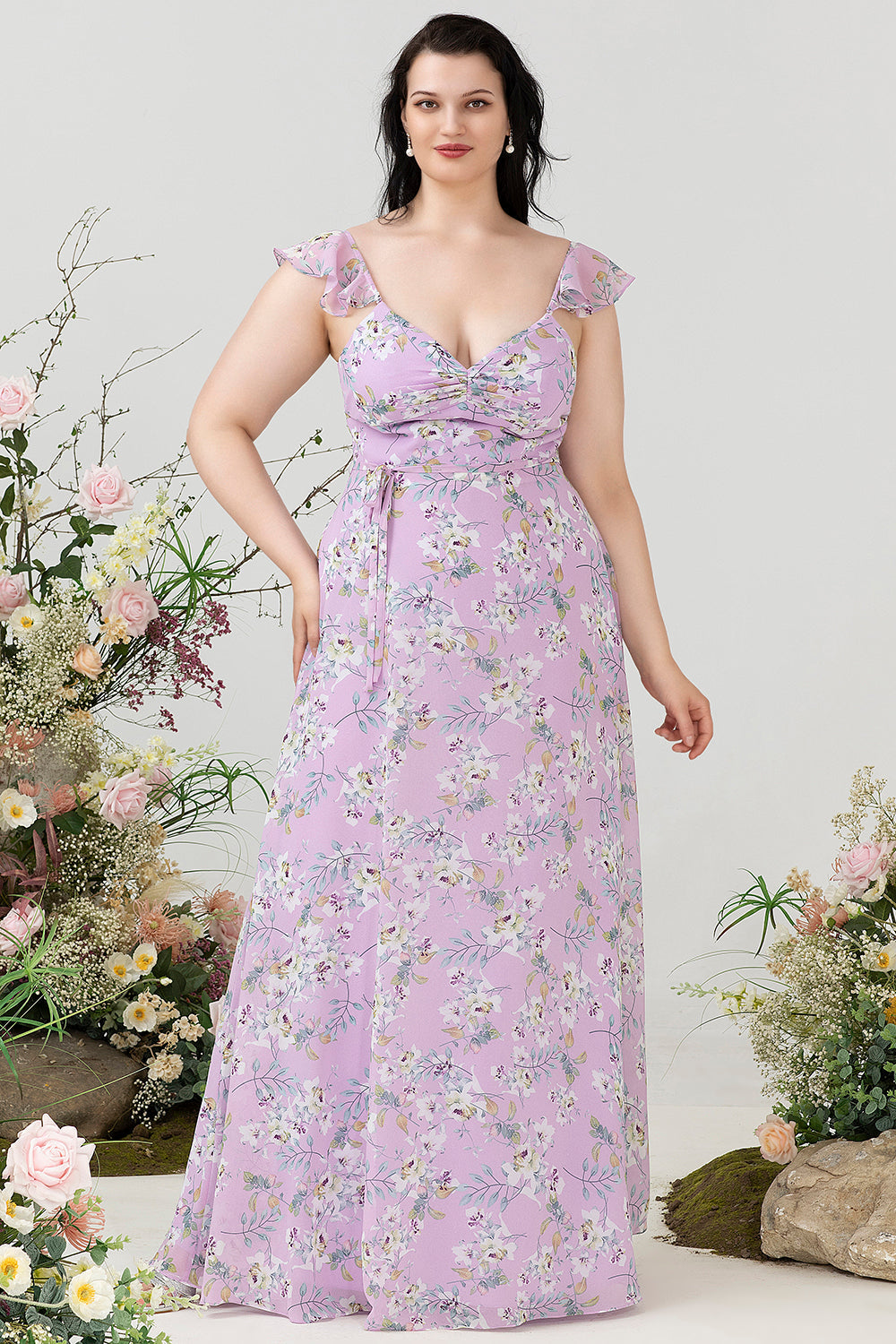 Paarse bloemenprint plus size bruidsmeisjesjurk