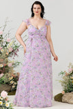 Paarse bloemenprint plus size bruidsmeisjesjurk