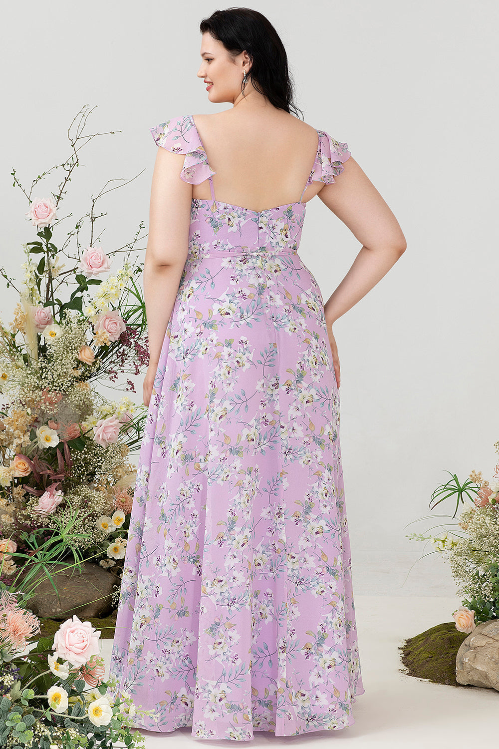 Paarse bloemenprint plus size bruidsmeisjesjurk