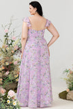 Paarse bloemenprint plus size bruidsmeisjesjurk