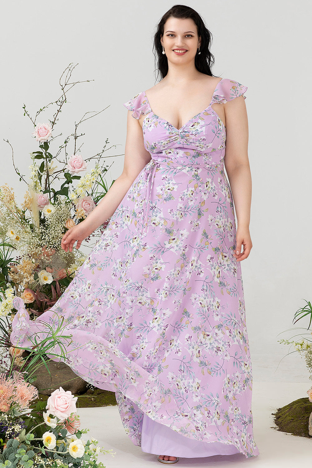Paarse bloemenprint plus size bruidsmeisjesjurk