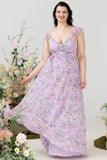 Paarse bloemenprint plus size bruidsmeisjesjurk