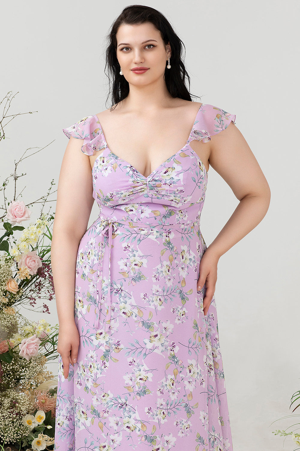 Paarse bloemenprint plus size bruidsmeisjesjurk