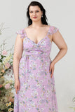 Paarse bloemenprint plus size bruidsmeisjesjurk