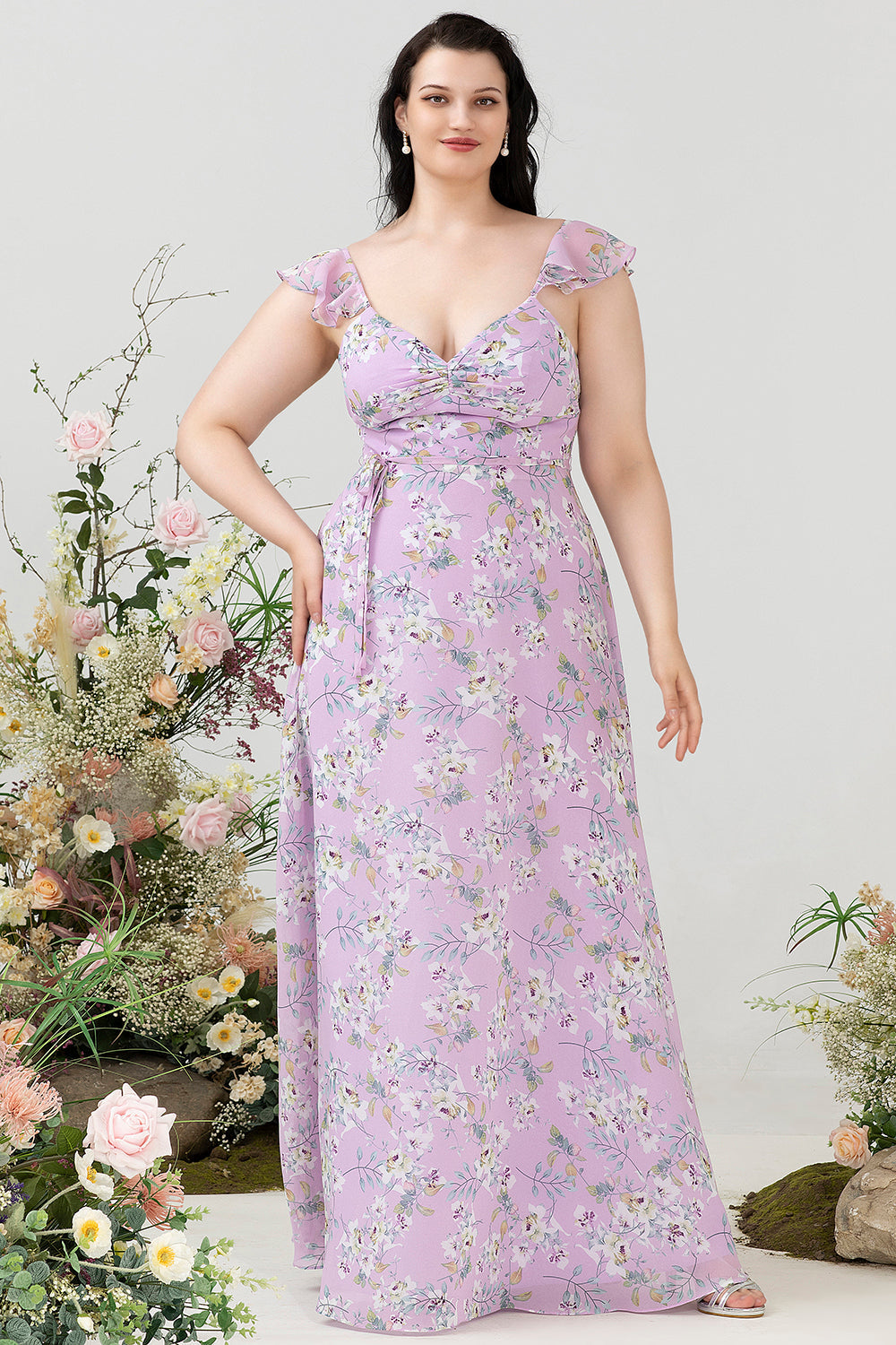 Paarse bloemenprint plus size bruidsmeisjesjurk