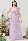 Paarse bloemenprint plus size bruidsmeisjesjurk