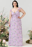 Paarse bloemenprint plus size bruidsmeisjesjurk