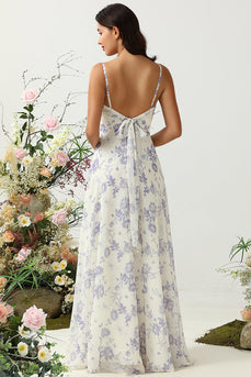 Een lijn spaghetti riemen paarse bloem bedrukte lange bruidsmeisje jurk