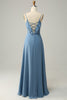 Afbeelding in Gallery-weergave laden, A lijn spaghetti riemen grijs blauw lange bruidsmeisje jurk met ruches