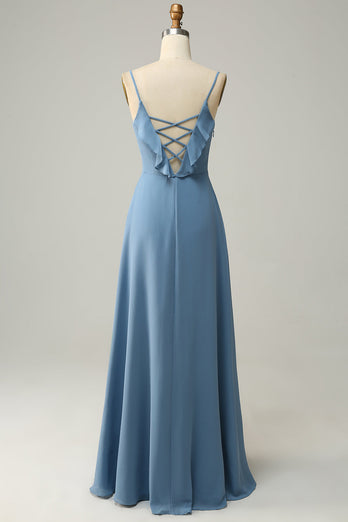 A lijn spaghetti riemen grijs blauw lange bruidsmeisje jurk met ruches