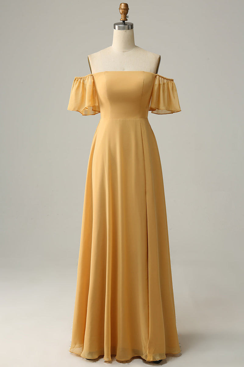 Afbeelding in Gallery-weergave laden, A lijn van de schouder gele bloem bedrukt plus size bruidsmeisje jurk