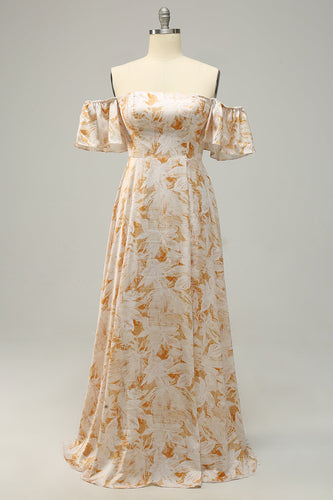 A lijn van de schouder gele bloem bedrukt plus size bruidsmeisje jurk