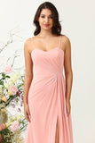 A Line Spaghetti Straps Blush Lange Bruidsmeisje Jurk met Split Front