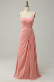 A Line Spaghetti Straps Blush Lange Bruidsmeisje Jurk met Split Front