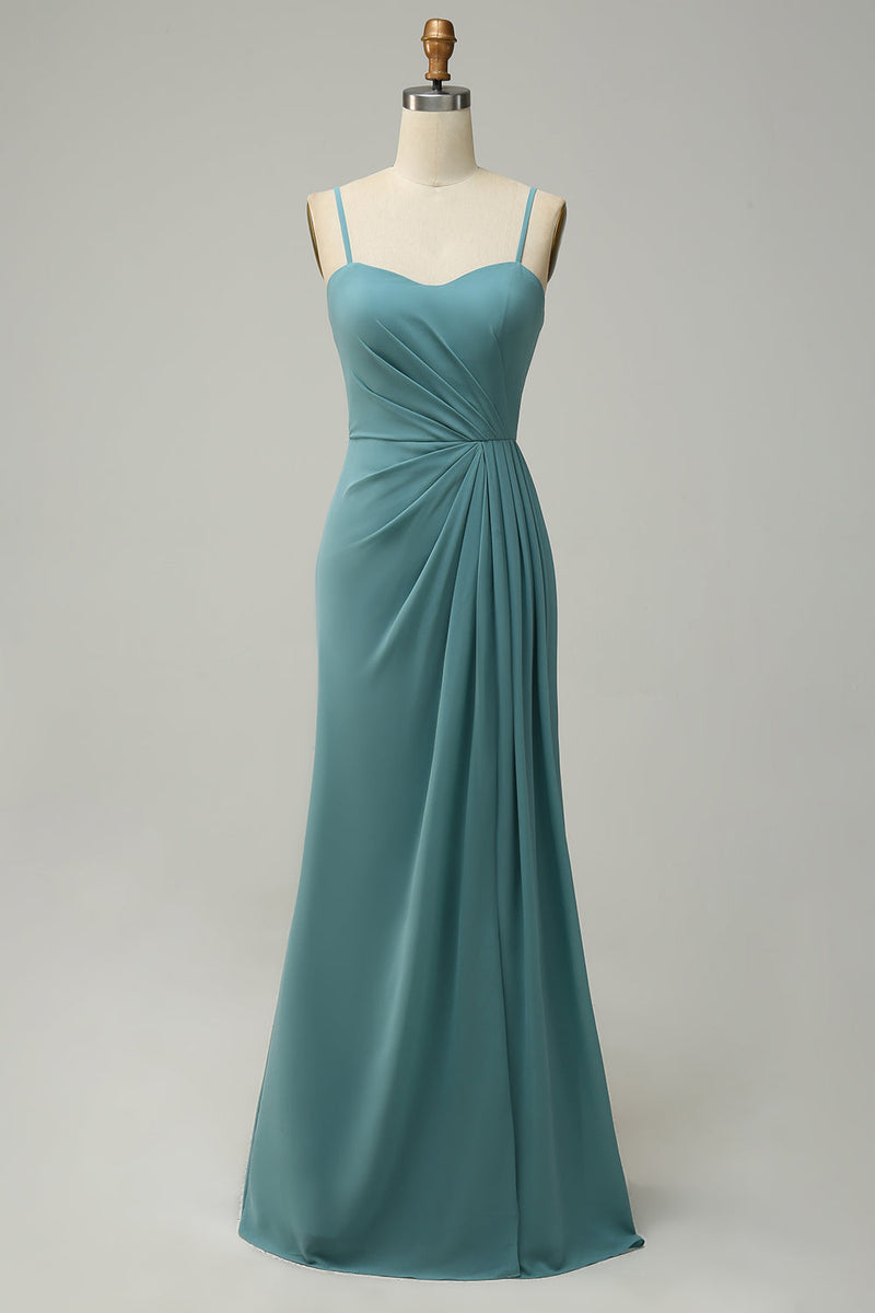 Afbeelding in Gallery-weergave laden, A lijn spaghetti bandjes blush lange bruidsmeisje jurk