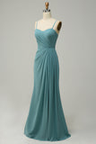 A Line Spaghetti Straps Blush Lange Bruidsmeisje Jurk met Split Front