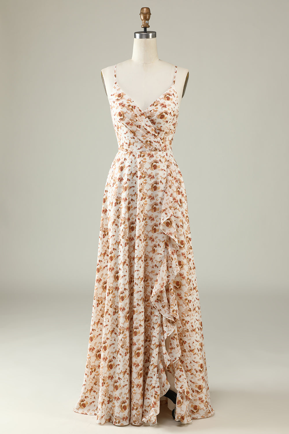 Witte Bloemen Boho Bruidsmeisjesjurk met Ruches