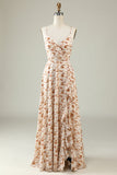 Witte Bloemen Boho Bruidsmeisjesjurk met Ruches