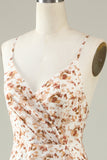 Witte Bloemen Boho Bruidsmeisjesjurk met Ruches