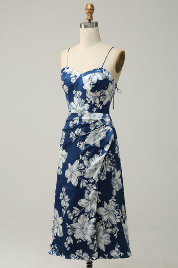 inktblauwe bloemen thee-lengte bruidsmeisje jurk