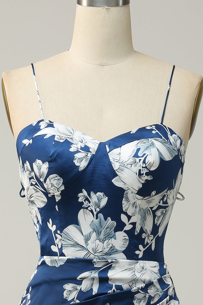 Afbeelding in Gallery-weergave laden, inktblauwe bloemen thee-lengte bruidsmeisje jurk