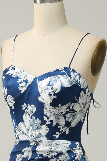 inktblauwe bloemen thee-lengte bruidsmeisje jurk