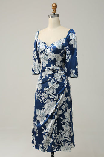 inktblauwe bloemen thee-lengte bruidsmeisje jurk met mouwen