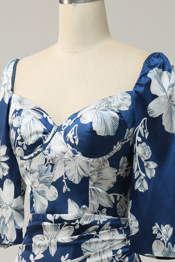 inktblauwe bloemen thee-lengte bruidsmeisje jurk met mouwen