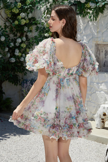Trendy A Line Ivoor bloemen bedrukte korte tule homecoming jurk met korte mouwen
