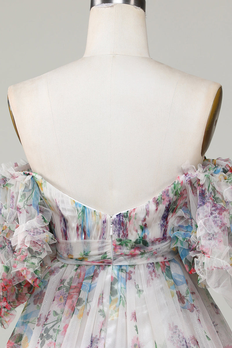 Afbeelding in Gallery-weergave laden, Ivoor bloemen bedrukte A-lijn pofmouwen korte tule homecoming jurk