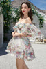 Afbeelding in Gallery-weergave laden, Trendy A Line Ivoor bloemen bedrukte korte tule homecoming jurk met korte mouwen