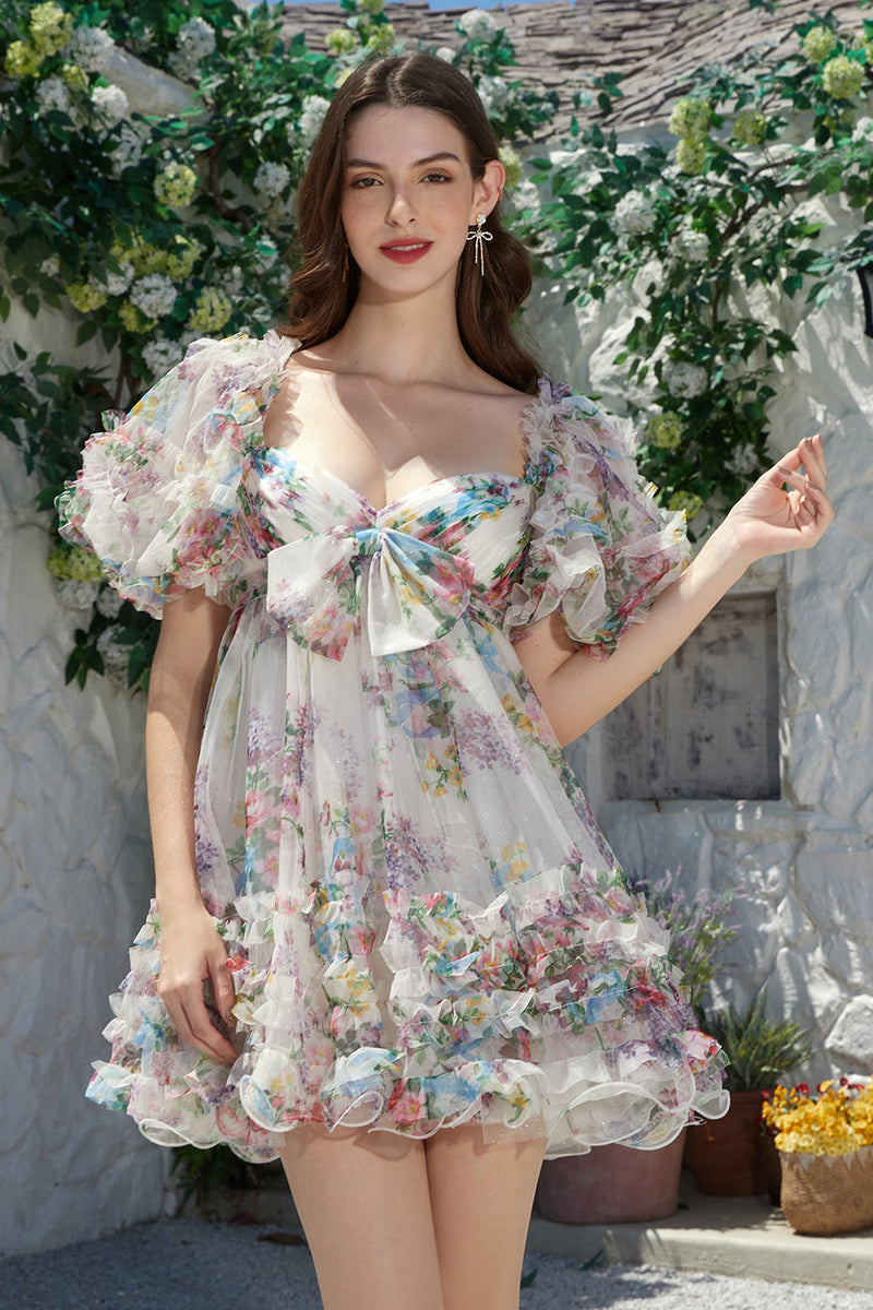 Afbeelding in Gallery-weergave laden, Trendy A Line Ivoor bloemen bedrukte korte tule homecoming jurk met korte mouwen