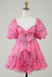 Hot Pink Print Leuke Homecoming Jurk met Strik