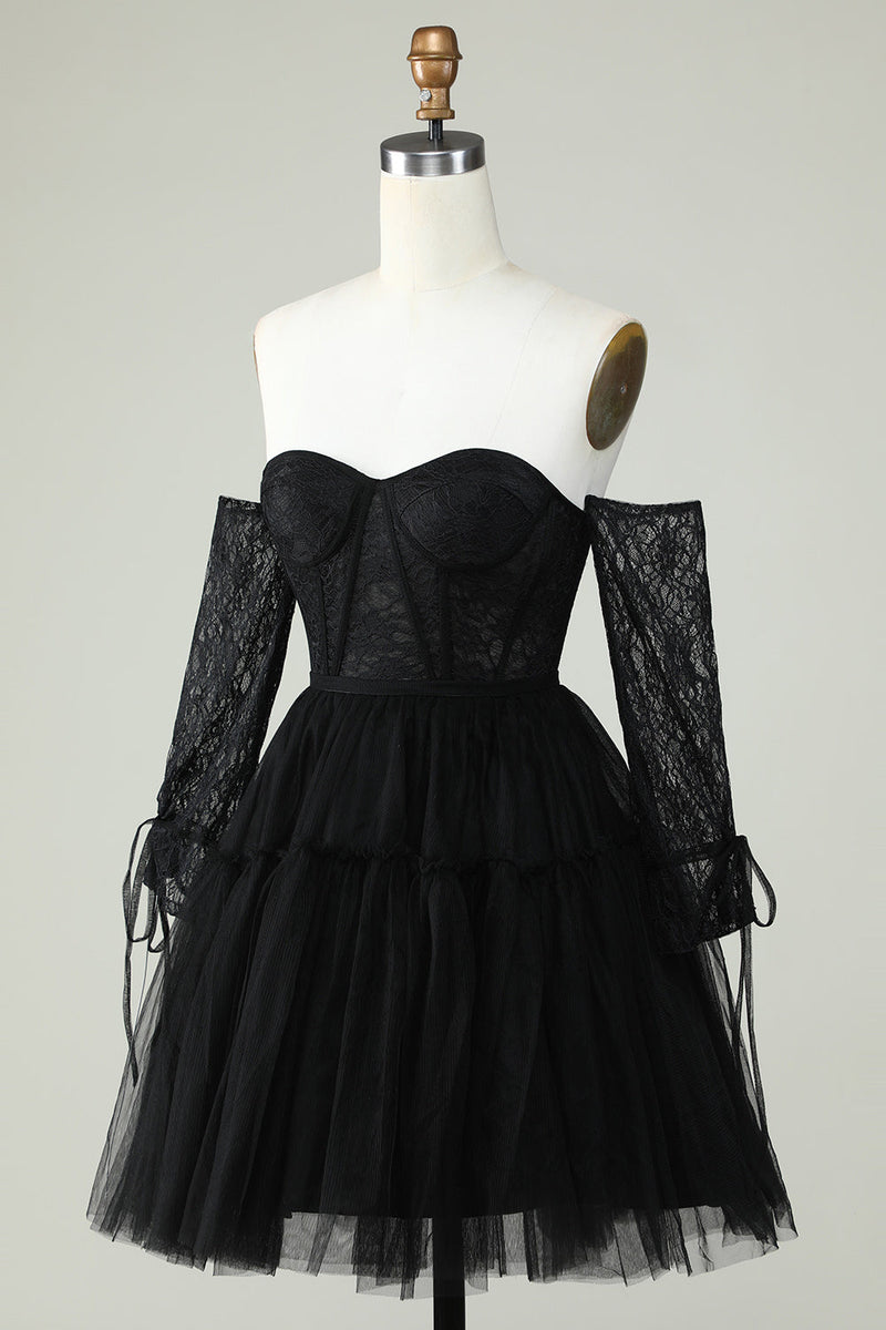 Afbeelding in Gallery-weergave laden, Een lijn off the shoulder zwarte korset homecoming jurk met lange mouwen