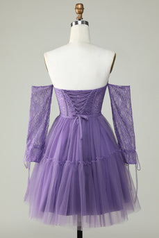 Een lijn off the shoulder paars korset homecoming jurk met lange mouwen