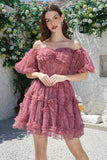 Mooie A Line Off the Shoulder Fuchsia Tule Korte Homecoming Jurk met Korte Mouwen