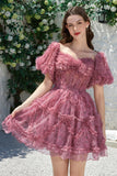 Mooie A Line Off the Shoulder Fuchsia Tule Korte Homecoming Jurk met Korte Mouwen