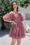 Mooie A Line Off the Shoulder Fuchsia Tule Korte Homecoming Jurk met Korte Mouwen