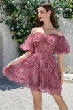 Mooie A Line Off the Shoulder Fuchsia Tule Korte Homecoming Jurk met Korte Mouwen