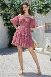 Mooie A Line Off the Shoulder Fuchsia Tule Korte Homecoming Jurk met Korte Mouwen