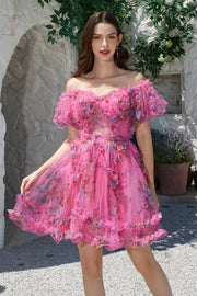 Mooie A Line Off the Shoulder Fuchsia Tule Korte Homecoming Jurk met Korte Mouwen