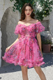 Mooie A Line Off the Shoulder Fuchsia Tule Korte Homecoming Jurk met Korte Mouwen