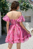 Mooie A Line Off the Shoulder Fuchsia Tule Korte Homecoming Jurk met Korte Mouwen