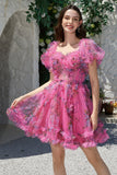 Mooie A Line Off the Shoulder Fuchsia Tule Korte Homecoming Jurk met Korte Mouwen